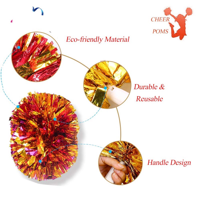 CREATIEE-PRO 4Pcs Metallic Cheerleading Pom Poms, 2 Pair Cheerleader Cheering Squad Pompoms for School Sports Dance Games Team Spirit Cheer - Image 2
